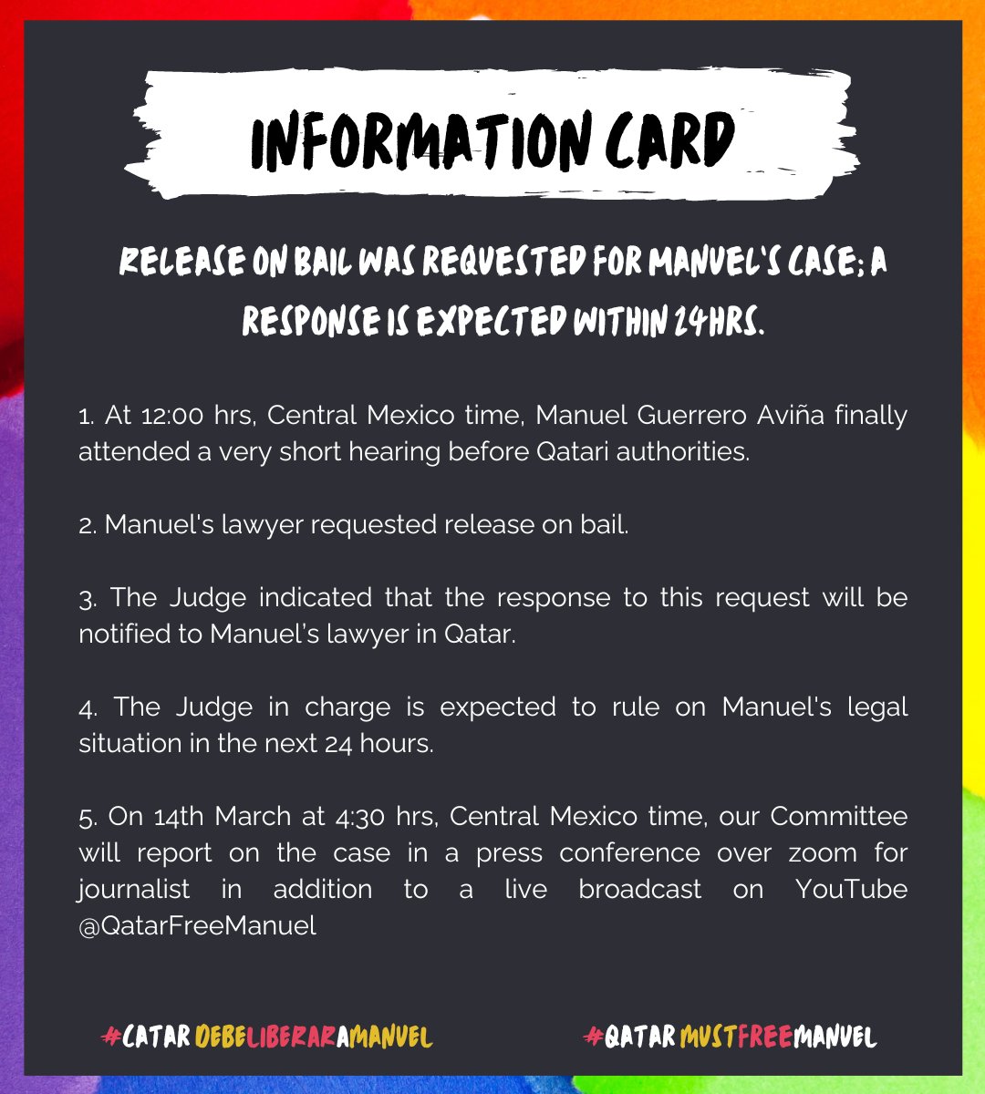 #Attention | We inform that #ManuelGuerrero 🏳️‍🌈 attended a very brief verification hearing in Qatar.

He requested release on bail and, once again, the uncertainty of his legal situation extends 24 hours.

This March 14, 4:30 pm (MX time), conference via zoom and YouTube.
