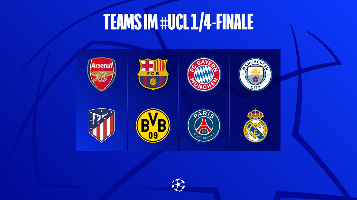 betpix365of's tweet image. Classificados para as quartas da Champions:

Manchester City 🏴󠁧󠁢󠁥󠁮󠁧󠁿
Real Madrid 🇪🇸
PSG 🇫🇷
Bayern Munich 🇩🇪
Arsenal 🏴󠁧󠁢󠁥󠁮󠁧󠁿 
Barcelona 🇪🇸 
Borussia Dortmund 🇩🇪
Atletico Madrid 🇪🇸