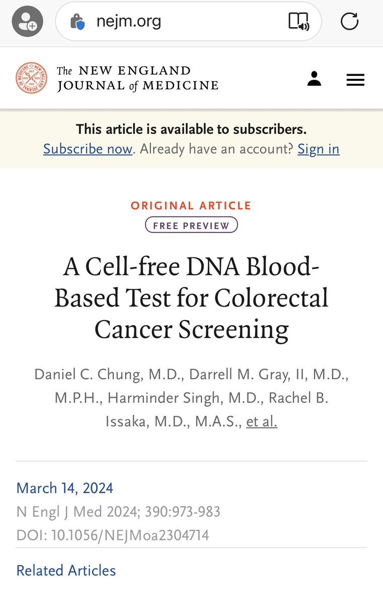 Hot off the press! “Multi-omics” approach (genomics, epigenomics, proteomics) to plasma testing proves effective in colorectal cancer screening. Hoping same will be seen in other cancer types @NEJM @ASCO @isliquidbiopsy