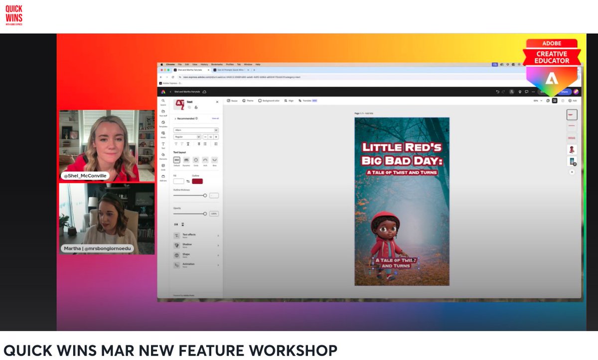 💗A super Quick Wins w/ @AdobeExpress tonight! @MrsBongiornoEdu & @Shel_McConville bumped up the creativity in digital storytelling with stop-motion animation. So fun! ➡Pro-tip: Use '3D render cartoon' in your text-to-image prompt for awesome images. #AdobeEduCreative