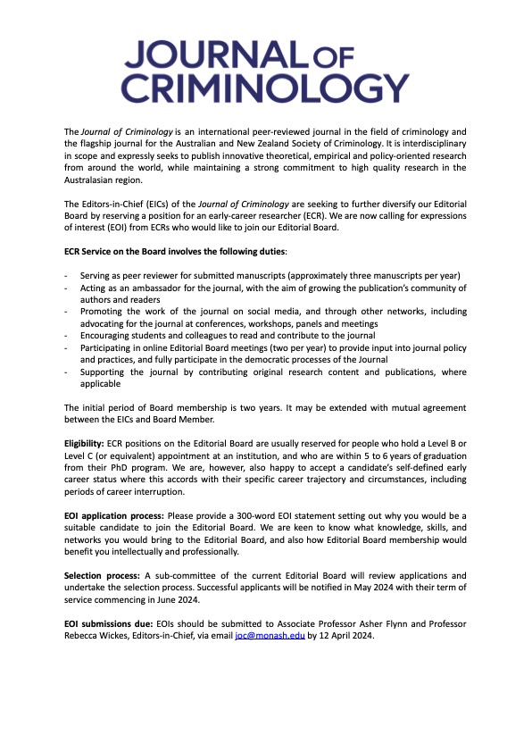 📢📢ECR Board Member Opportunity! The Journal of Criminology is now calling for expressions of interest from early career researchers who would like to join our Editorial Board. EOIs close 12 April 2024. All info here shorturl.at/clDU6