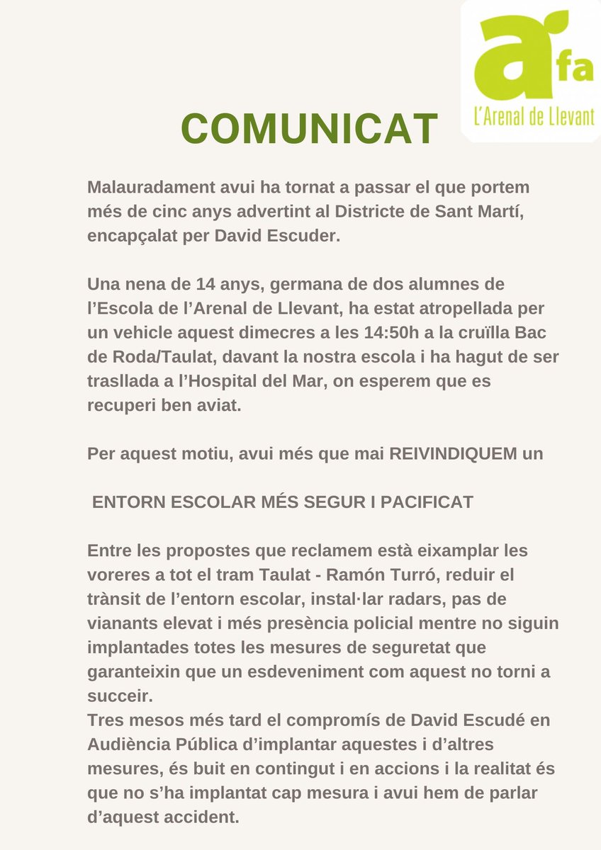 afalarenal_'s tweet photo. Atropellen a una nena davant l'@arenaldellevant i nosaltres diem JA N'HI HA PROU! Què més ha de passar? VOLEM UN ENTORN ESCOLAR MÉS SEGUR I PACIFICAT! @david_escude @AnnaSimo  @consorciedubcn  @Bcn_SantMarti @affac_cat @beteve https://t.co/JWU6mdpy7g