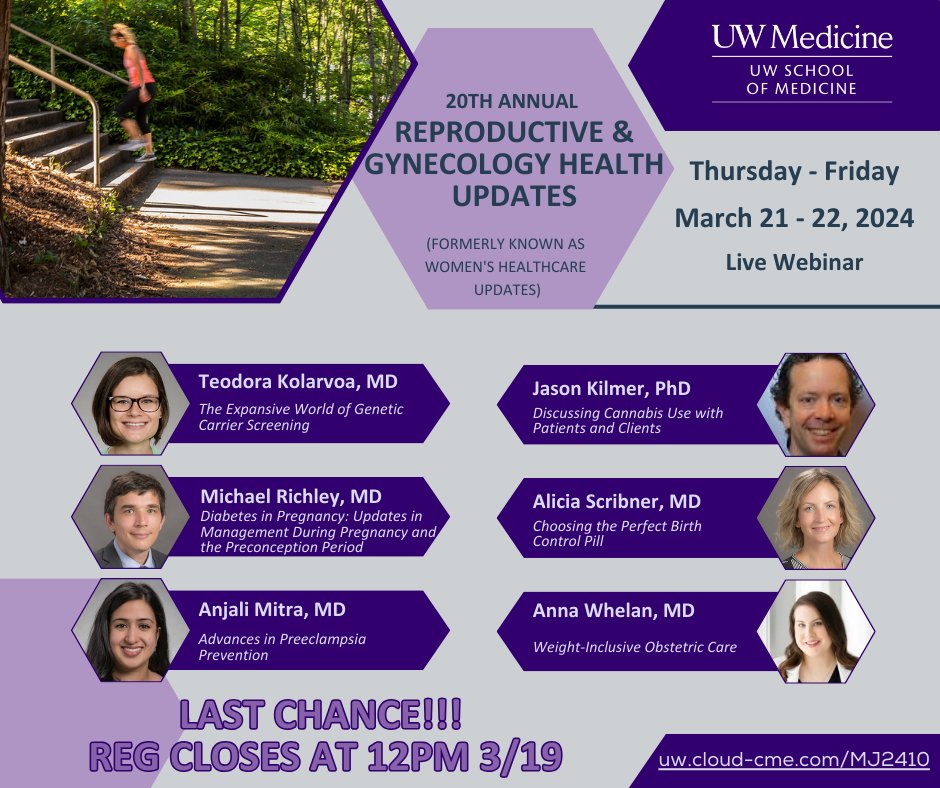 LAST CHANCE! Join the co-chairs and faculty for the 20thAnnual Reproductive & Gynecology Health Updates being held via Zoom Webinar. Go to uw.cloud-cme.com/MJ2410 for course info and to register. #womenshealth #primarycare #cme @UWashOBGYN @UWMedicine @uwfm @UW_DGIM @AlsonBurke