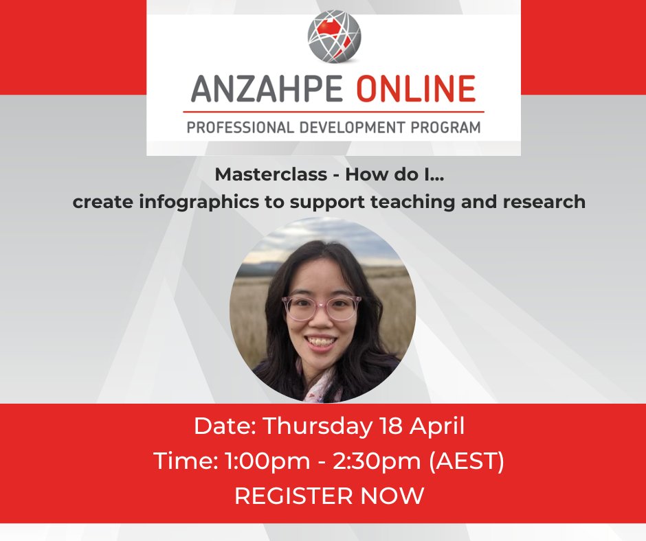 Register for our Masterclass with Grace Leo today! 'How do I... create infographics to support teaching and research' Date: Thursday 18 April Time: 1pm - 2.30pm (AEST) Register here: anzahpe.org/event-5481227