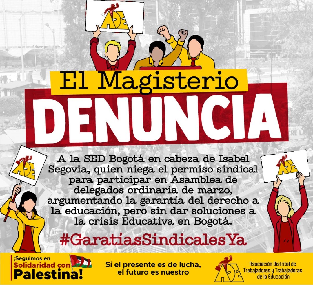 Mauricio Correa Tribín (@tribinmauricio) on Twitter photo Se deja constancia ante la opinión pública sobre las acciones represivas en contra del movimiento sindical de <a href="/Bogota/">Alcaldía de Bogotá</a> por parte de <a href="/CarlosFGalan/">Carlos F. Galán</a> e <a href="/IsabelSegoviaO/">Isabel Segovia O</a> exigimos garantías ¡Ya, Ya, Ya! <a href="/fecode/">fecode</a> <a href="/adebogota/">ADE 🇵🇸</a> <a href="/miguep_fecode/">Miguel Ángel Pardo Romero</a> <a href="/RAULVASQUEZ2010/">RAUL VASQUEZ ARIAS</a> <a href="/cutcolombia/">Central Unitaria de Trabajadores</a> <a href="/PalmaEdwin/">Edwin Palma Egea</a> Se deja constancia ante la opinión pública sobre las acciones represivas en contra del movimiento sindical de <a href="/Bogota/">Alcaldía de Bogotá</a> por parte de <a href="/CarlosFGalan/">Carlos F. Galán</a> e <a href="/IsabelSegoviaO/">Isabel Segovia O</a> exigimos garantías ¡Ya, Ya, Ya! <a href="/fecode/">fecode</a> <a href="/adebogota/">ADE 🇵🇸</a> <a href="/miguep_fecode/">Miguel Ángel Pardo Romero</a> <a href="/RAULVASQUEZ2010/">RAUL VASQUEZ ARIAS</a> <a href="/cutcolombia/">Central Unitaria de Trabajadores</a> <a href="/PalmaEdwin/">Edwin Palma Egea</a>