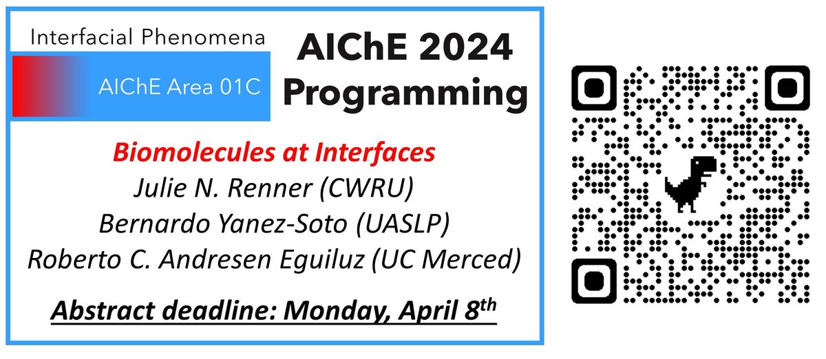 Working with biomolecules at interfaces? This is the session and conference to present those new results! @AIChEInterface @aichewic @CCBM_UCMerced @CWRU_ChBE @LaUASLP @RennerResearch @mechano3biology