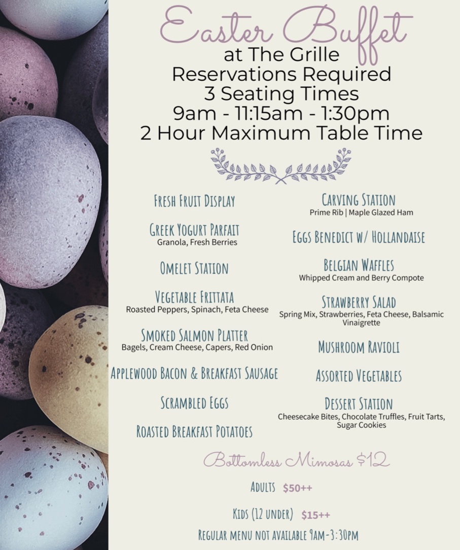 Join us at the Grille at Somersett for an Easter Brunch the whole family will love on Sunday, March 31st. We will have three seatings at 9am, 11:15am and 1:30pm. Reservations are required. Place yours now at 775-787-1800 ext. 3 or online at OpenTable.