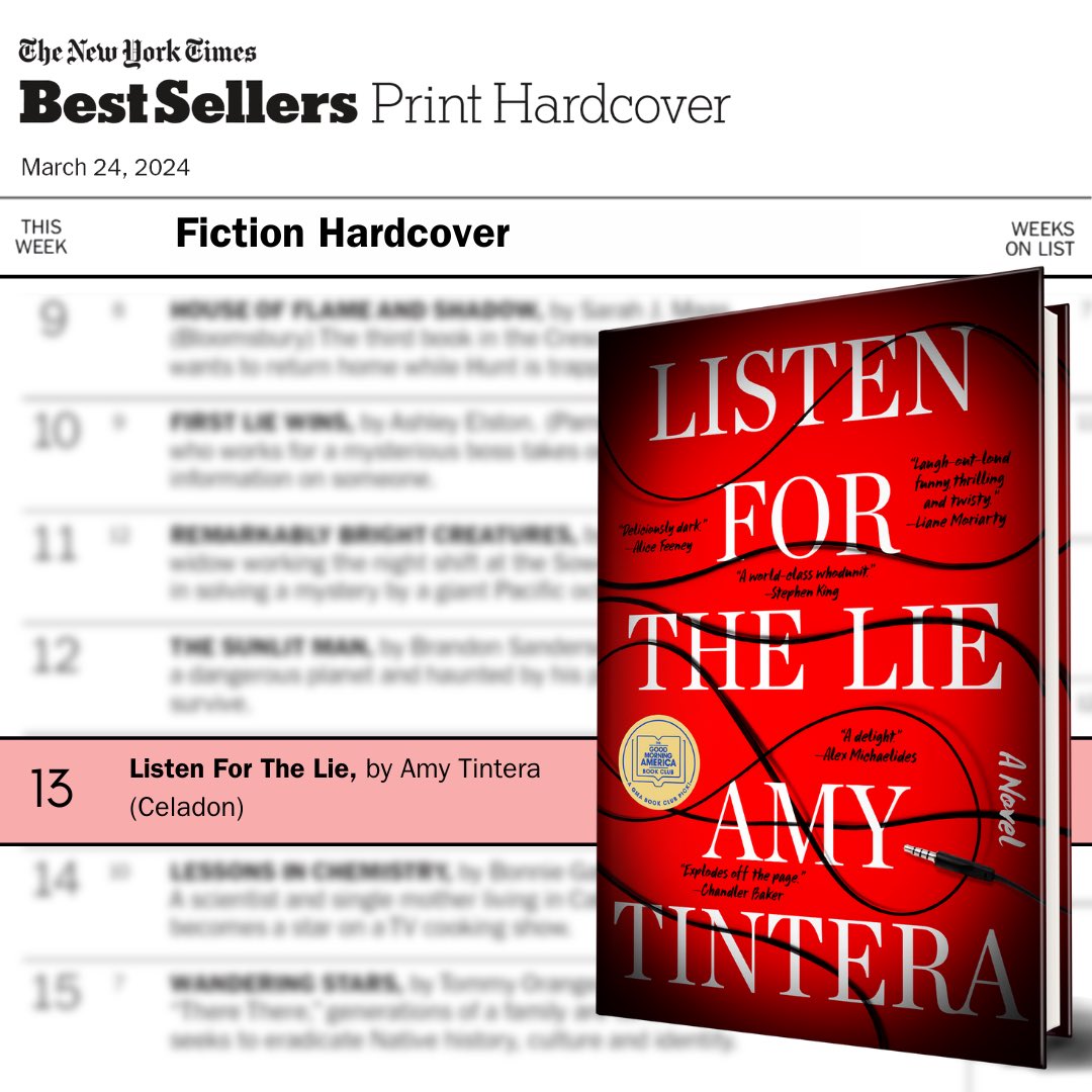 WE ARE SCREAMING! LISTEN FOR THE LIE is an instant ✨@nytimesbooks bestseller!✨ Congratulations, @amytintera! We are so proud! Cheers! 🥂 #ListenfortheLie @thebookgrp