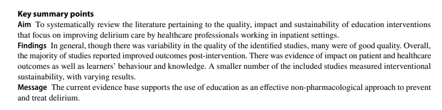 💡 #Education is effective in improving #delirium care & practitioner attitudes, skills, & knowledge 🛎️ Must-read review by @andyteodorczuk et al 🎓 Education = key to making progress. 🔗 pubmed.ncbi.nlm.nih.gov/32297244/ #WDAD2024