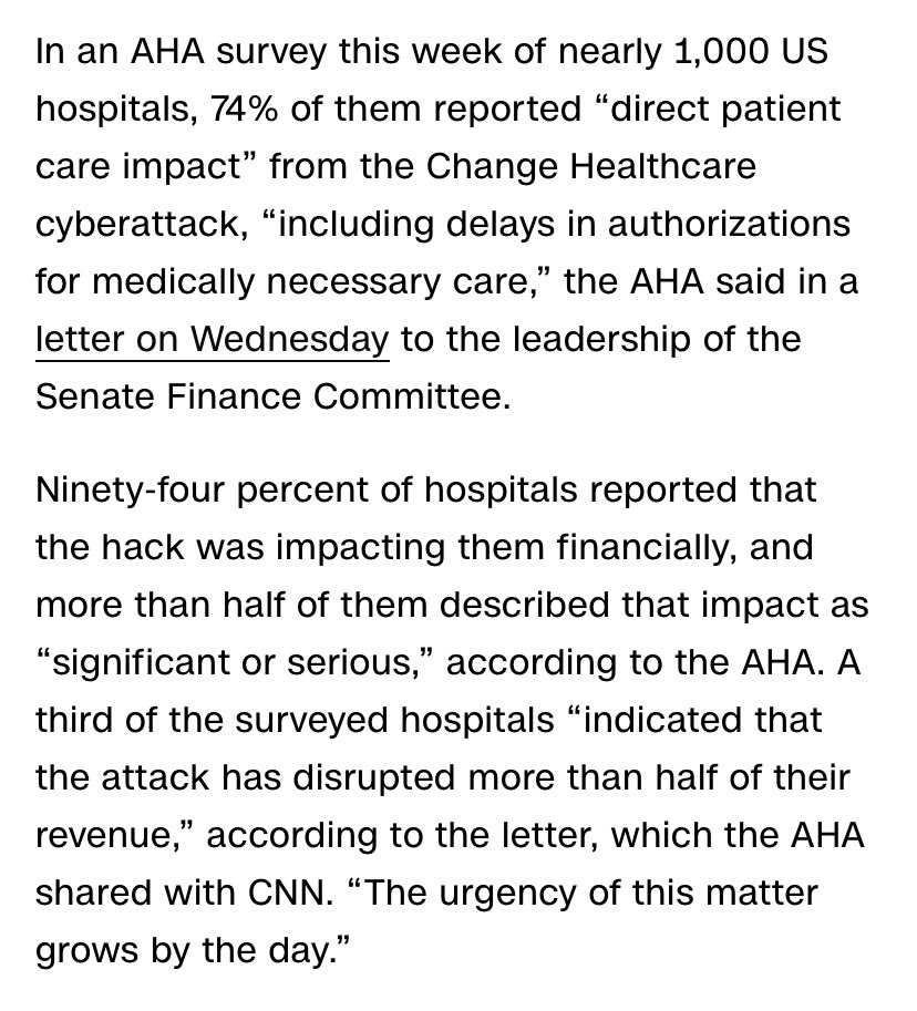 Sobering data here from <a href="/ahahospitals/">American Hospital Association</a>’ survey of nearly 1,000 hospitals. A third of respondents said the Change Healthcare hack has disrupted more than half of their revenue.