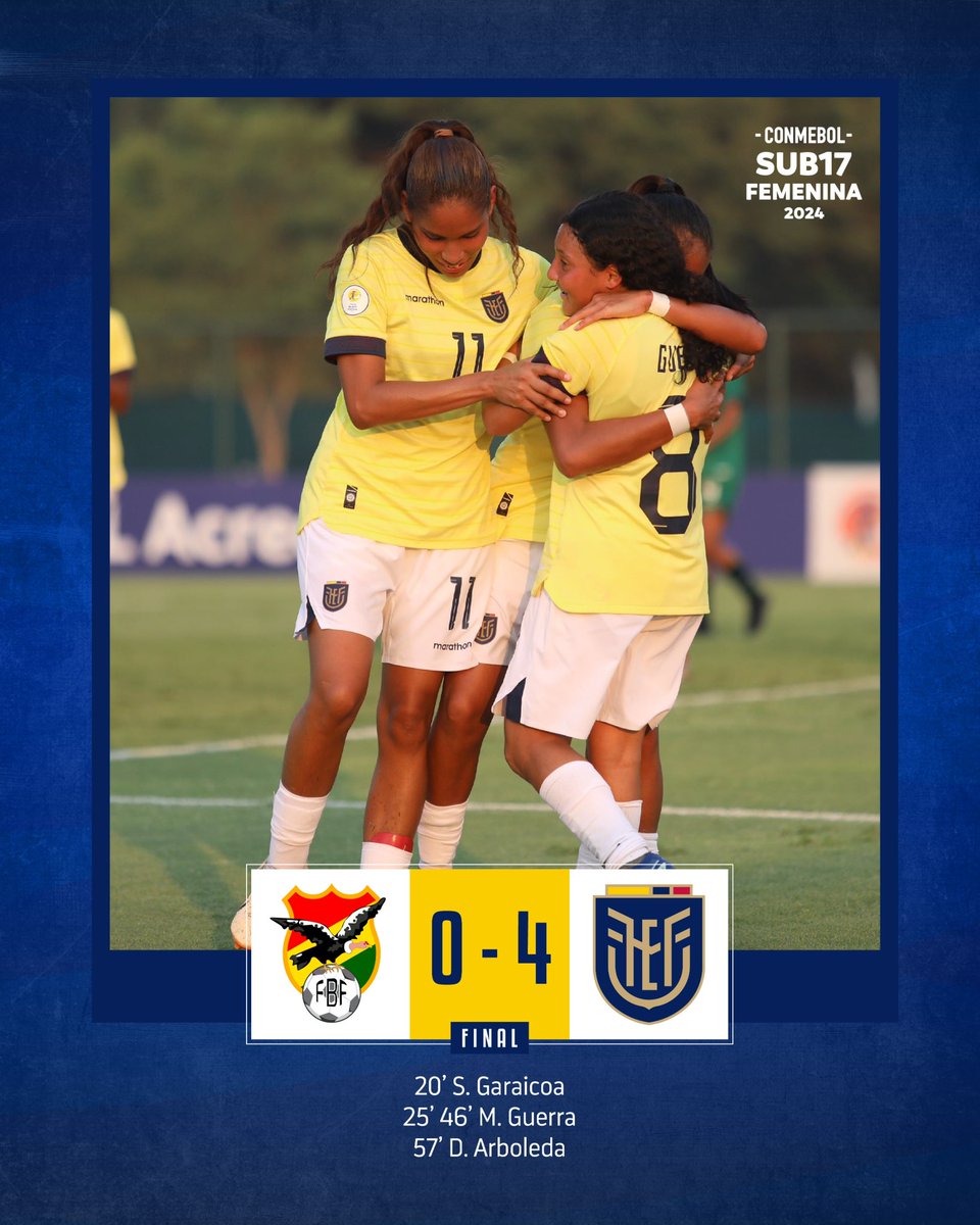 LaTri's tweet photo. 𝗙𝗶𝗻𝗮𝗹 del partido

🤜🤛 🇧🇴 #Bolivia 0 🆚 🇪🇨#LaTri 4
🏆 CONMEBOL Sub 17 Femenina
🏟 Estadio Ypané https://t.co/Ec9w6NFZkg