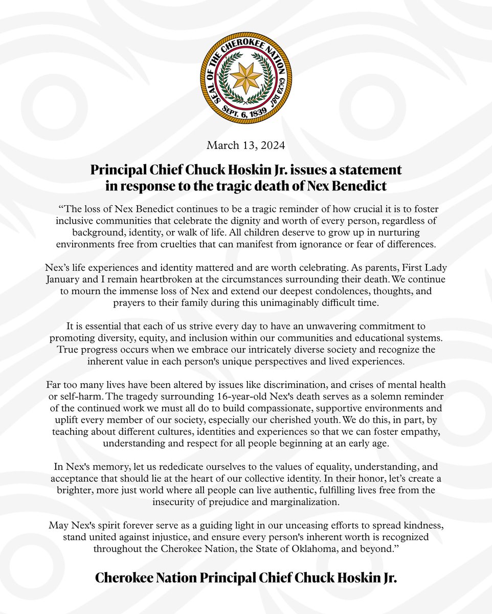 Principal Chief <a href="/ChuckHoskin_Jr/">Chief Chuck Hoskin, Jr.</a> issues a statement in response to the tragic death of Nex Benedict