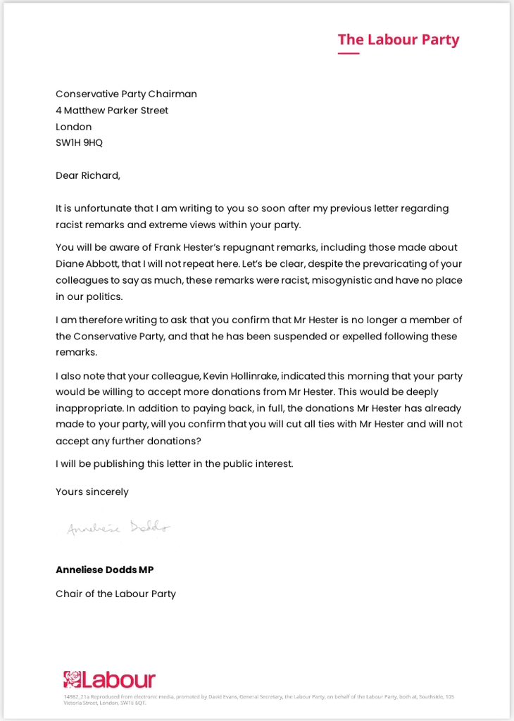 EXCL: Labour chair @AnnelieseDodds writes to Conservative opposite number with more questions about Frank Hester/ Diane Abbott row. No 10 and CCHQ say they don’t comment on membership or speculate on future donations. One source suggests Hester may never have been Tory member.