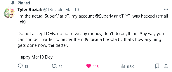 PhanTum926's tweet photo. It has brought to my attention that the owner of SuperMarioT (@TRuziak) got his account stolen.
Please use the hashtags: #FreeSMTsAccount or #JusticeforSMT to show support.
Also, tag @X @Support @elonmusk, like and RT this post for them to see. https://t.co/IenAe78tcE