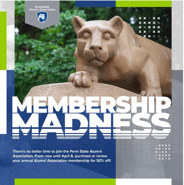 Let the madness in March begin!🦁

The Penn State Alumni Association is kicking off its 2024 Membership Madness sale!🔵⚪️
 Join or renew your annual membership to the Alumni Association for 50% off the regular price between now and April 8.😱

alumni.psu.edu/s/1218/16/inte…