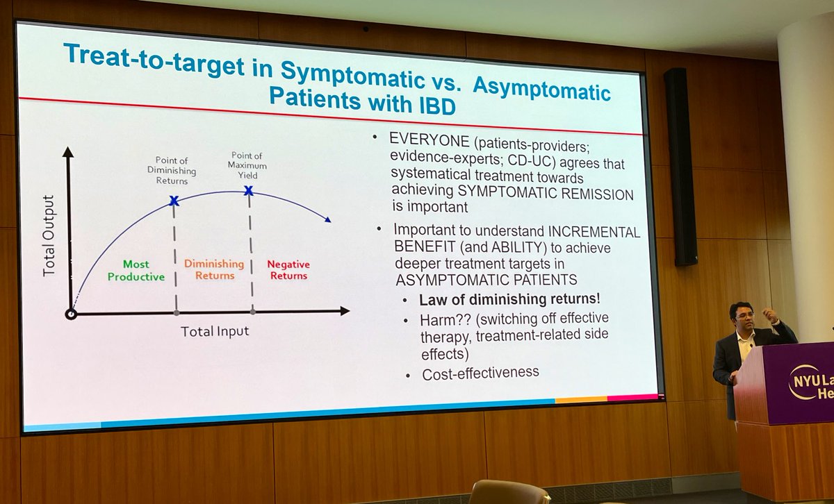 A pleasure to have #SidSingh from @UCSDHealth at IBD Grand Rounds @nyulangone give a very thought-provoking talk on treat-to-target ▶️ Endo remission is an aspirational goal, but given therapeutic ceiling of current 💊, how far do we push the envelope? 🤔