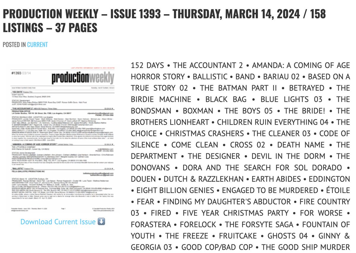 Production Weekly - Issue 1393 - Thursday, March 14, 2024 / 158 Listings - 37 Pages 🎬 🚨 Download Current Issue productionweekly.com/production-wee…