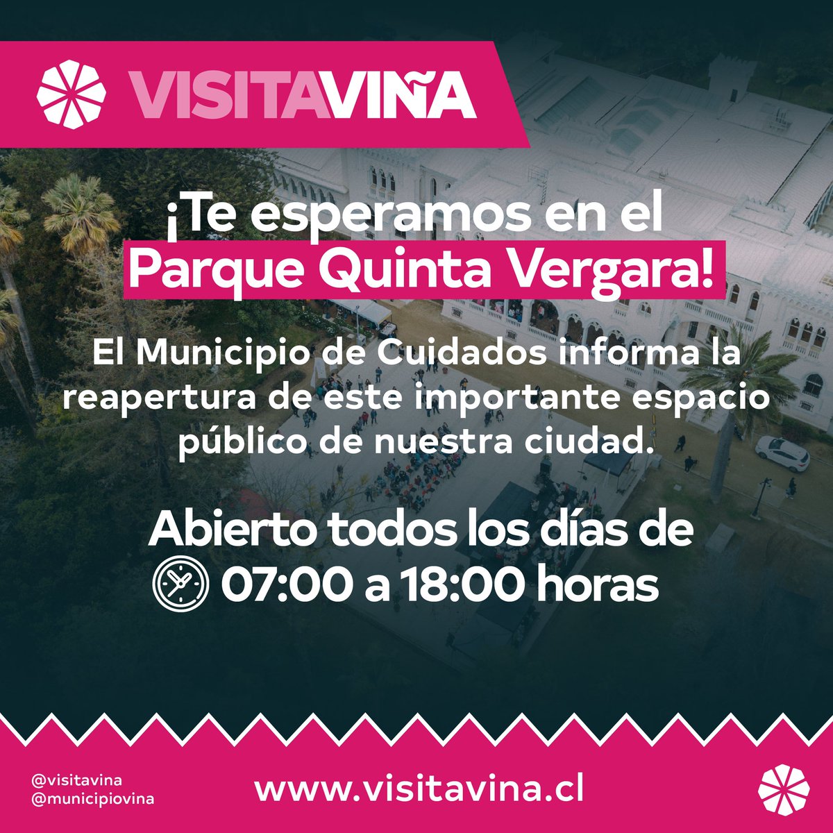 ¡El Parque Quinta Vergara y Museo Palacio Vergara reabren sus puertas! ⏰️ Horarios: 🌳 Parque Quinta Vergara: todos los días de 07:00 a 18:00 horas. 🖼 Museo Palacio Vergara: martes a domingo 10:00 a 13:30 y 15:30 a 17:30 horas. #ViñadelMar