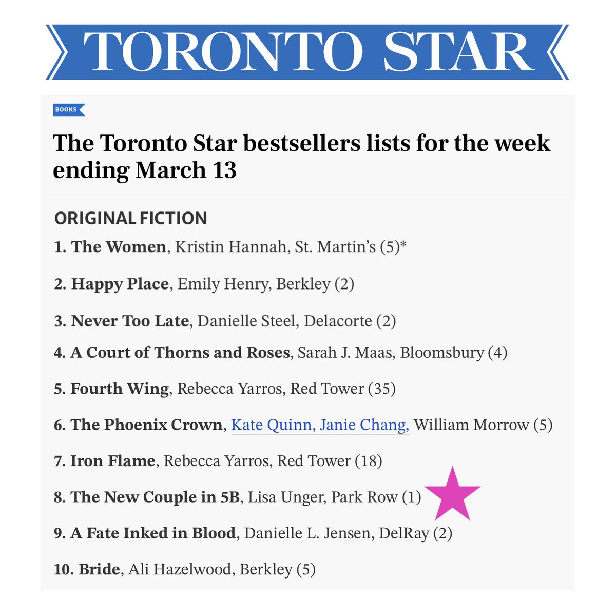 lisaunger's tweet photo. THE NEW COUPLE IN 5B is a @TorontoStar top ten bestseller! Thank you, thank you to all of my wonderful Canadian reader pals! 🇨🇦❤️ https://t.co/2kSeFGdsu3
