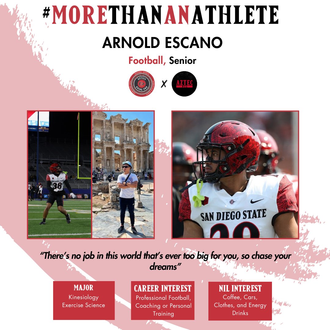 Introducing our featured student-athlete of the week, Arnold Escano! 🏈☕✈🌎🥇

Join us in celebrating him as he represents the @AztecFB squad in the #MoreThanAnAthlete series!

#AztecsGoingPro #GoAztecs #NIL #BuildTheBrand