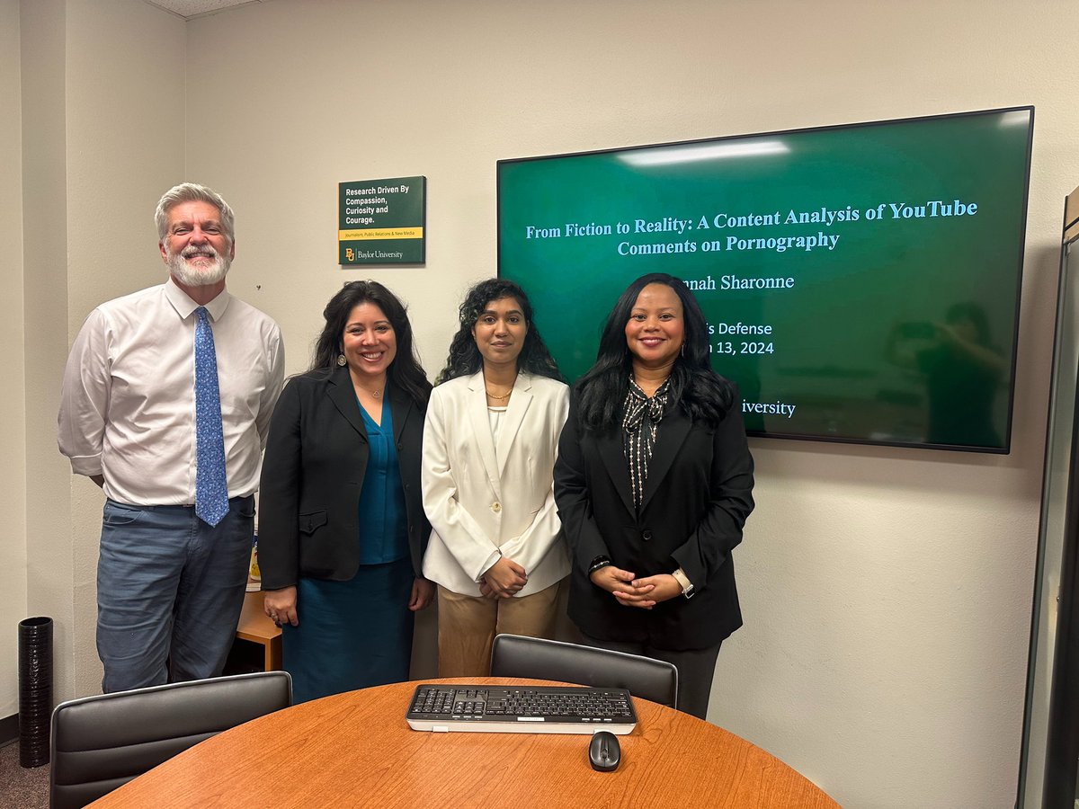 Congratulations to graduate student Hannah D. Sharonne, who passed her defense today for her thesis titled, “From Fiction to Reality: A Content Analysis of YouTube Comments on Pornography.” #bayloruniversity #baylorjprnm