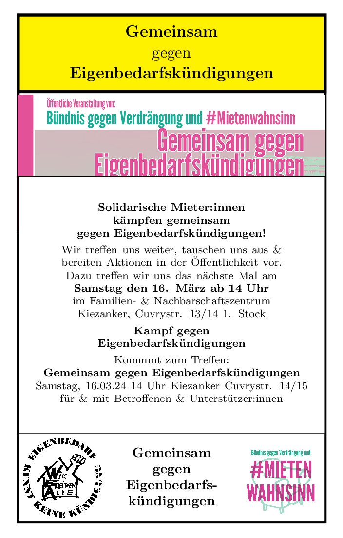 Am kommenden Samstag treffen sich wieder betroffene & solidarische Mieter:innen gegen #Eigenbedarfskündigungen um ihren kollektiven Kampf gegen die Individualisierung des sozialen Problems Wohnungsnot in die Öffentlichkeit zu tragen. Kämpfen wir gemeinsam!