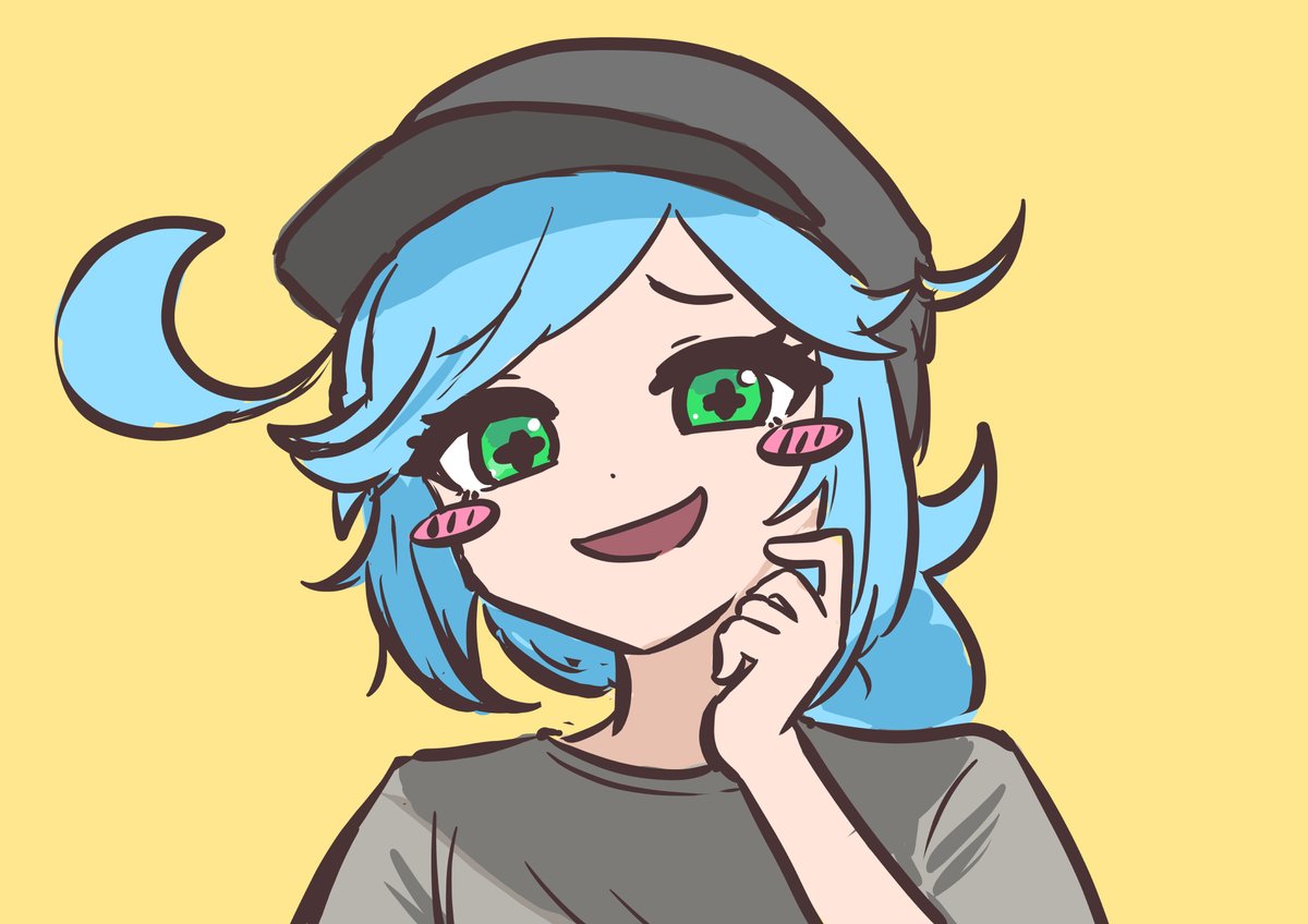 1girl solo green eyes grey shirt yellow background hat blue hair  illustration images
