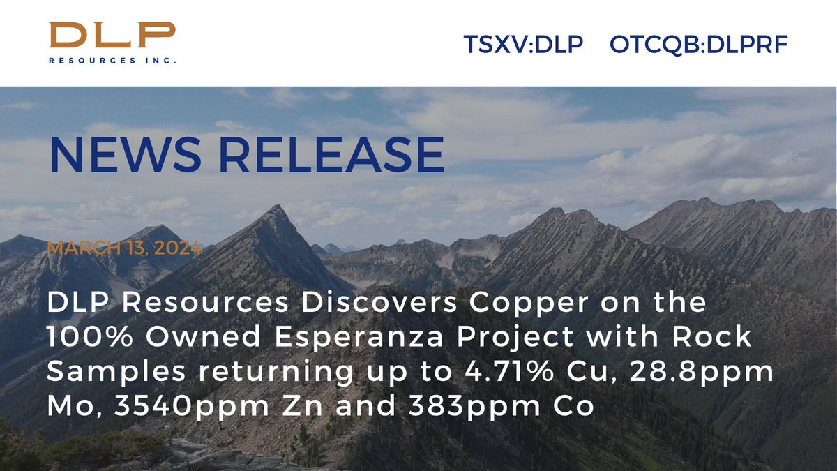 DLP Resources Discovers #Copper on the 100% Owned Esperanza Project with Rock Samples returning up to 4.71% Cu, 28.8ppm Mo, 3540ppm Zn and 383ppm Co: dlpresourcesinc.com/dlp-resources-…