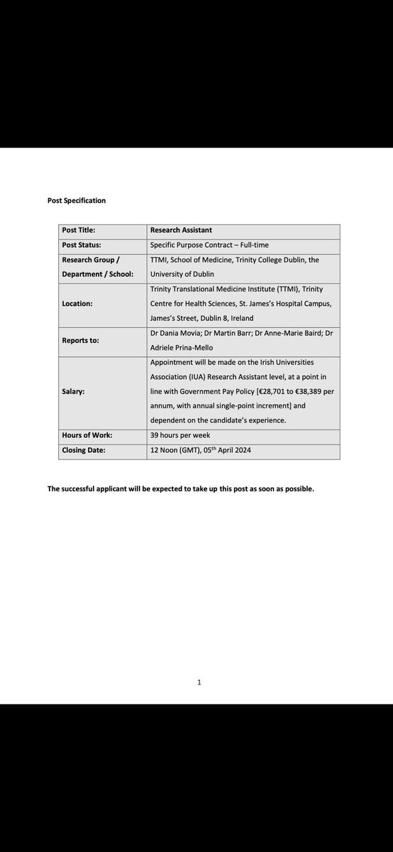 📢 We are hiring!👩‍🔬👨‍🔬 Research Assistant position available <a href="/TCDTMI/">TTMI - Trinity Translational Medicine Institute</a> <a href="/tcddublin/">Trinity College Dublin</a> to work on an EU Horizon-funded project on bioengineered #extracellularvesicles and #RNA #therapeutics in #lungcancer. If interested, please DM <a href="/daMovia/">Dania Movia</a> <a href="/BairdAM/">Dr Anne-Marie Baird</a> or myself for further information #LCSM