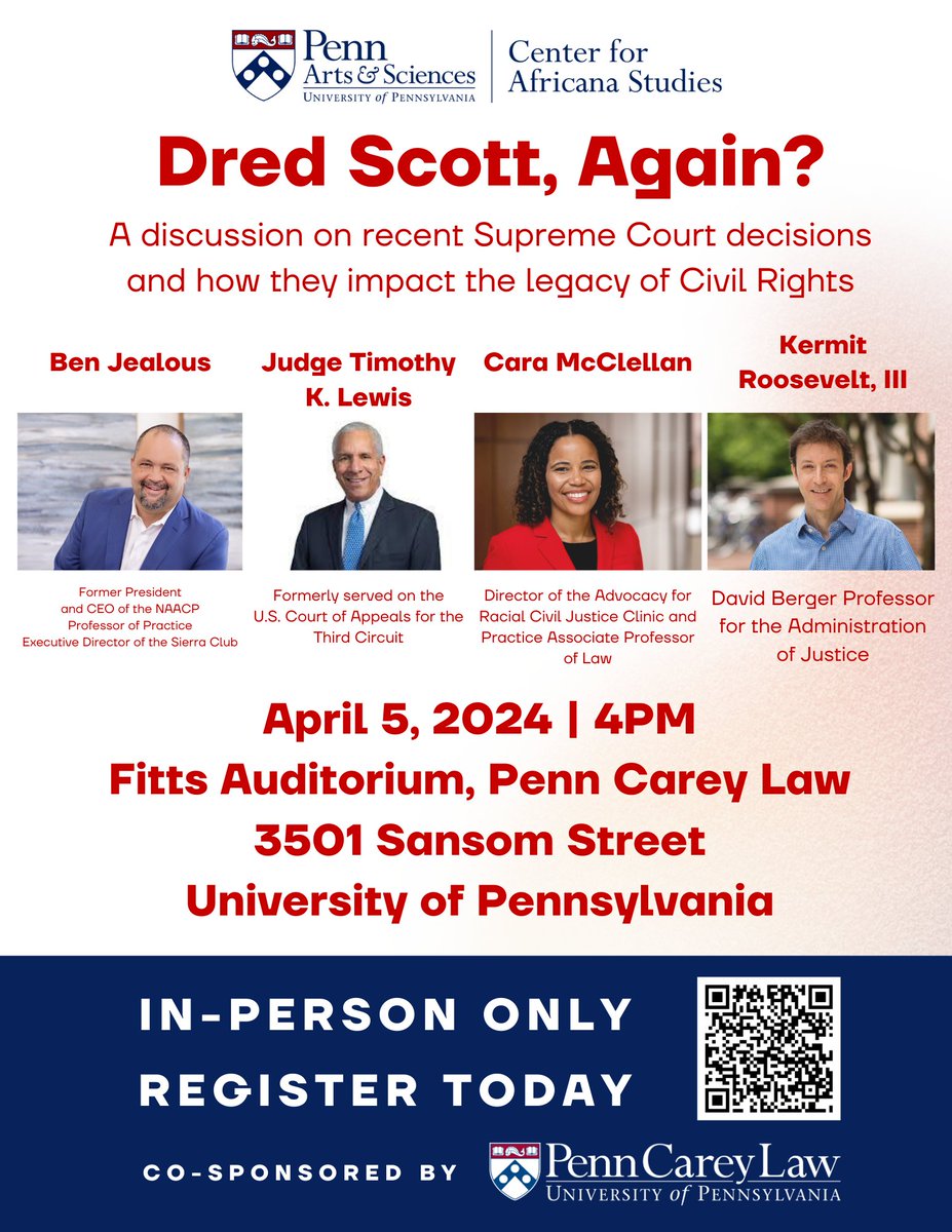 Join us for “a discussion on recent Supreme Court decisions and how they impact the legacy of Civil Rights” with the event, “Dred Scott, Again?”, with @BenJealous, Judge Timothy K. Lewis, @CaraMcClellan6, and Kermit Roosevelt, Ill. Register now: tinyurl.com/dredscottagain… @pennlaw