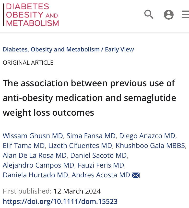 New publication: Previous use of anti-obesity medication = Inferior Semaglutide weight loss outcomes doi.org/10.1111/dom.15… @MayoClinicGIHep @dr_aac #Gitwitter