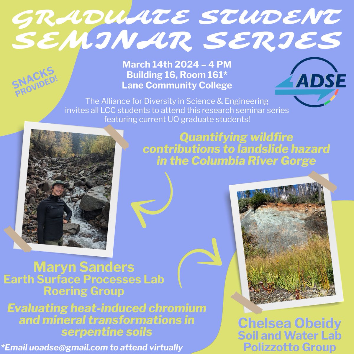 Hey @LaneTitans ! Join @uoadse at our last Graduate Student Seminar of the quarter tomorrow afternoon! Come eat some pizza and learn about how Oregon wildfires impact our environment! See ya there!