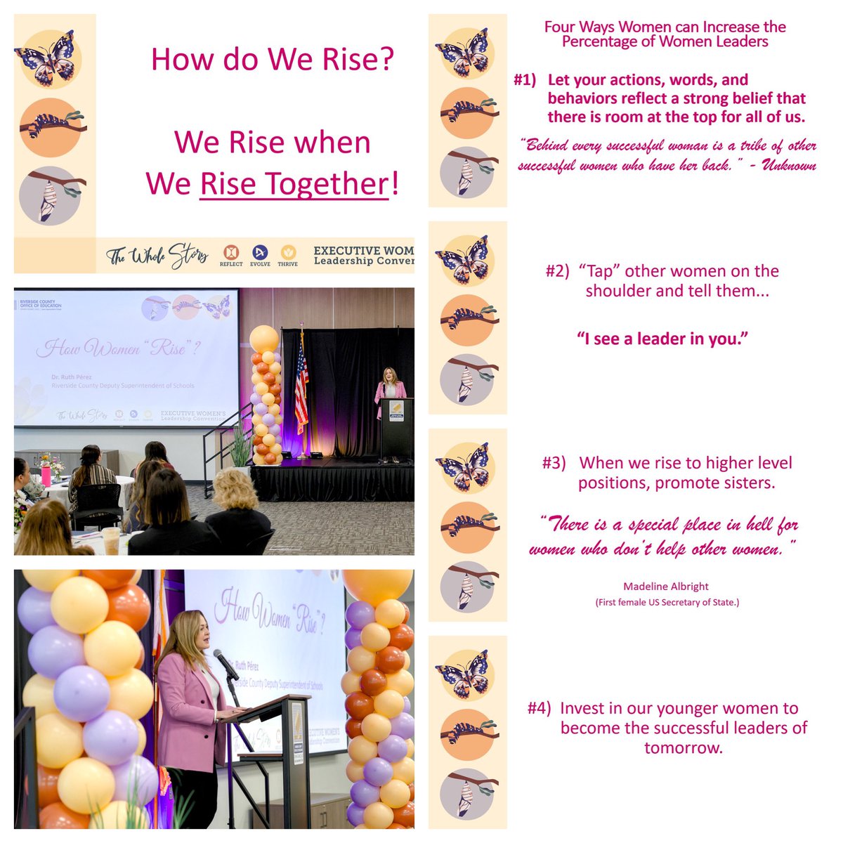 #RivCo Deputy Supt, Dr. Ruth Perez, was a keynote speaker at today’s @RCOE_LC #WomensLeadershipRivCo event. Sharing 4️⃣ ways to ⬆️ #WomenLeaders 1)Reflect belief that there is room at the TOP 2)Tell others “I see a leader in you” 3)Rise & Promote Sisters 4)Invest in younger women.