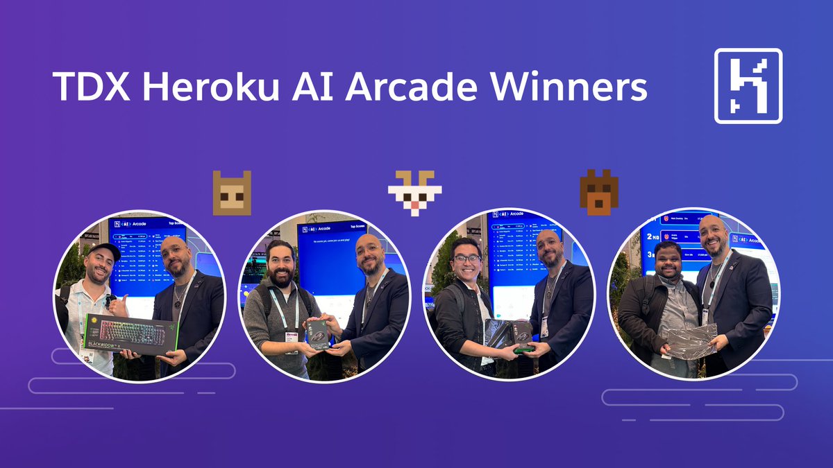 🏆 Check out the champs of the TDX #Heroku AI Arcade! Congrats to our winners! 🌟View the pics below to see their victorious moments. We can't wait to see everyone at TDX in 2025!