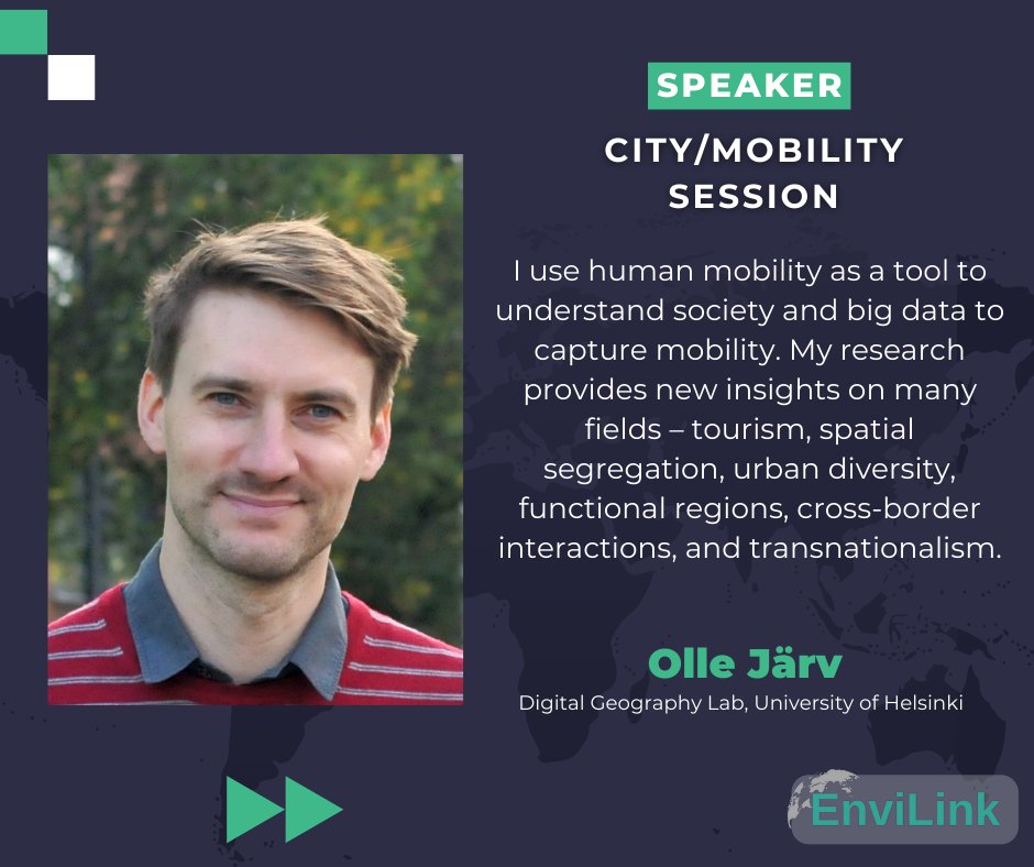 Our next speaker is @OlleJarv from the University of Helsinki! Olle specializes in analyzing human mobilities in spatial, temporal and social contexts, using data from mobile phones and social media. researchgate.net/profile/Olle-J… #mobility #urban #geography #sustainability