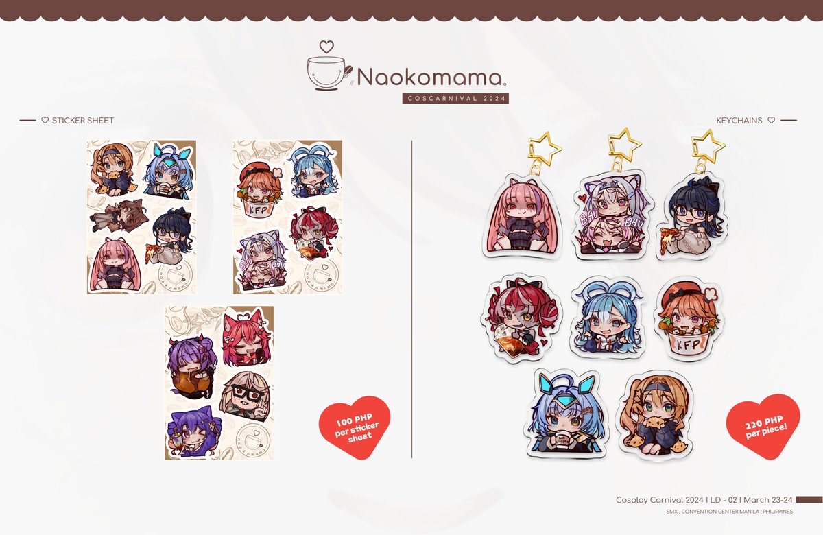 ☕️naokomama's Cosplay Carnival Merch Catalogue☕️

Here's my merch lineup for the upcoming Cosplay Carnival 2024!!

My booth table is located at LD-02!!

Pre-orders for pickup are also available here:
forms.gle/iGaKUyjpDqyXyu…

#CosplayCarnival2024 #FanFairAtCosplayCarnival2024