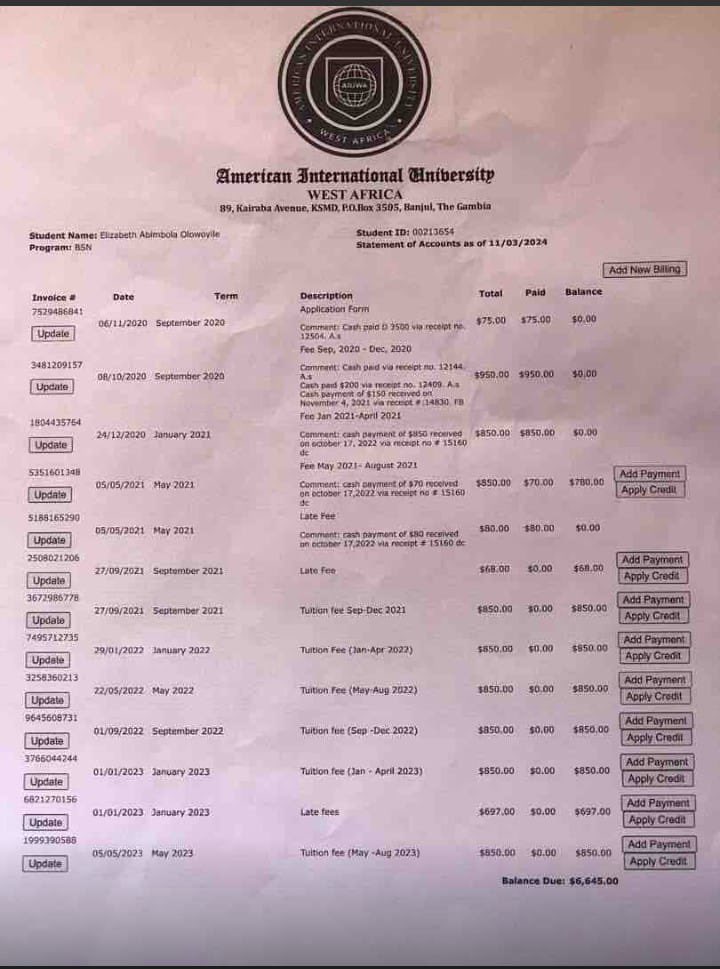 TOUCHING: Please donate to help Elizabeth realise her dream of becoming a healthcare professional. 

My name is Elizabeth A. Olowoyile. I attended American International University West Africa (AIUWA) and completed my Bachelor in Nursing in 2023 and also passed my state board