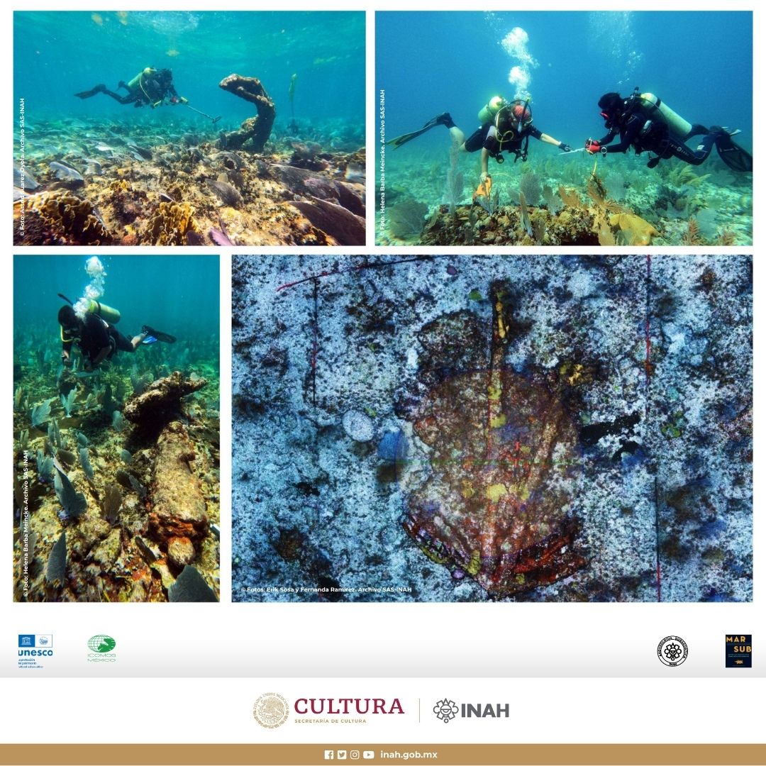 “Ánimas de la Victoria”. Siglo XVIII, costa de Quintana Roo, México. Naufragio compuesto por cañones, anclas, botijas de cerámica y botellas de vidrio. Sitio estudiado en 2009 y 2022 por la SAS Oficina Península de Yucatán del INAH. #INAH #85AniversarioINAH