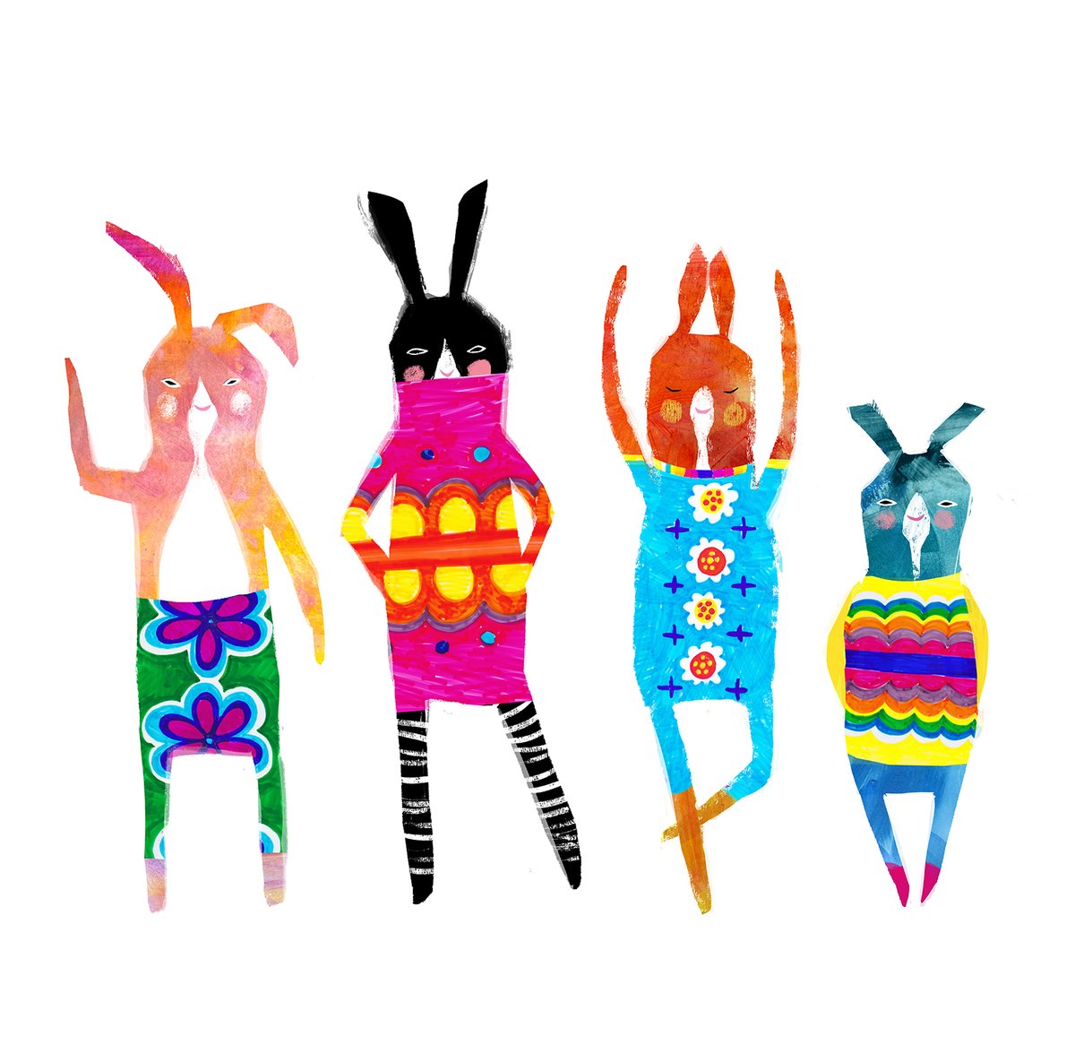 Easter is coming! I spy eggs and chicks and shiny candy in the stores....what's your fav? These four bunnies are dressed to impress with their fancy outfits based on chocolate wrappers.... #easter #easter2024 #illustration #illustrator #illustrationartists #bunnies #rabbits