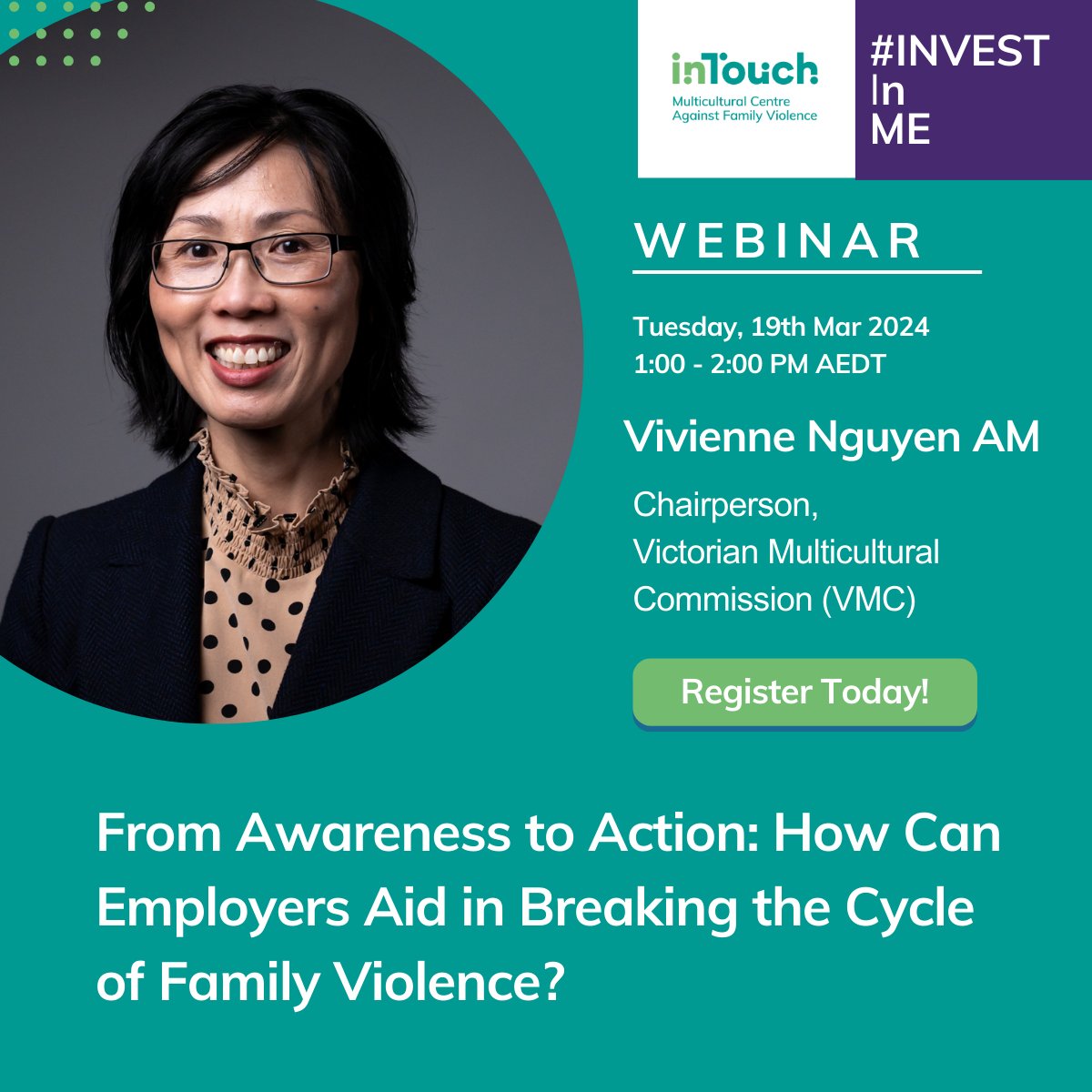 Announcing our next two guests for 'From Awareness to Action: How Can Employers Aid in Breaking the Cycle of Family Violence?' Joining us will be Vivienne Nguyen- @multiculturevic Chair & @MSegrave - ARC Future Fellow/@UniMelb Professor of Criminology. tinyurl.com/nkjntujc