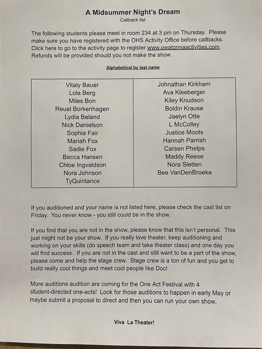 OHSTheater's tweet photo. The OHS spring play callback list https://t.co/5fZOKiUOAB
