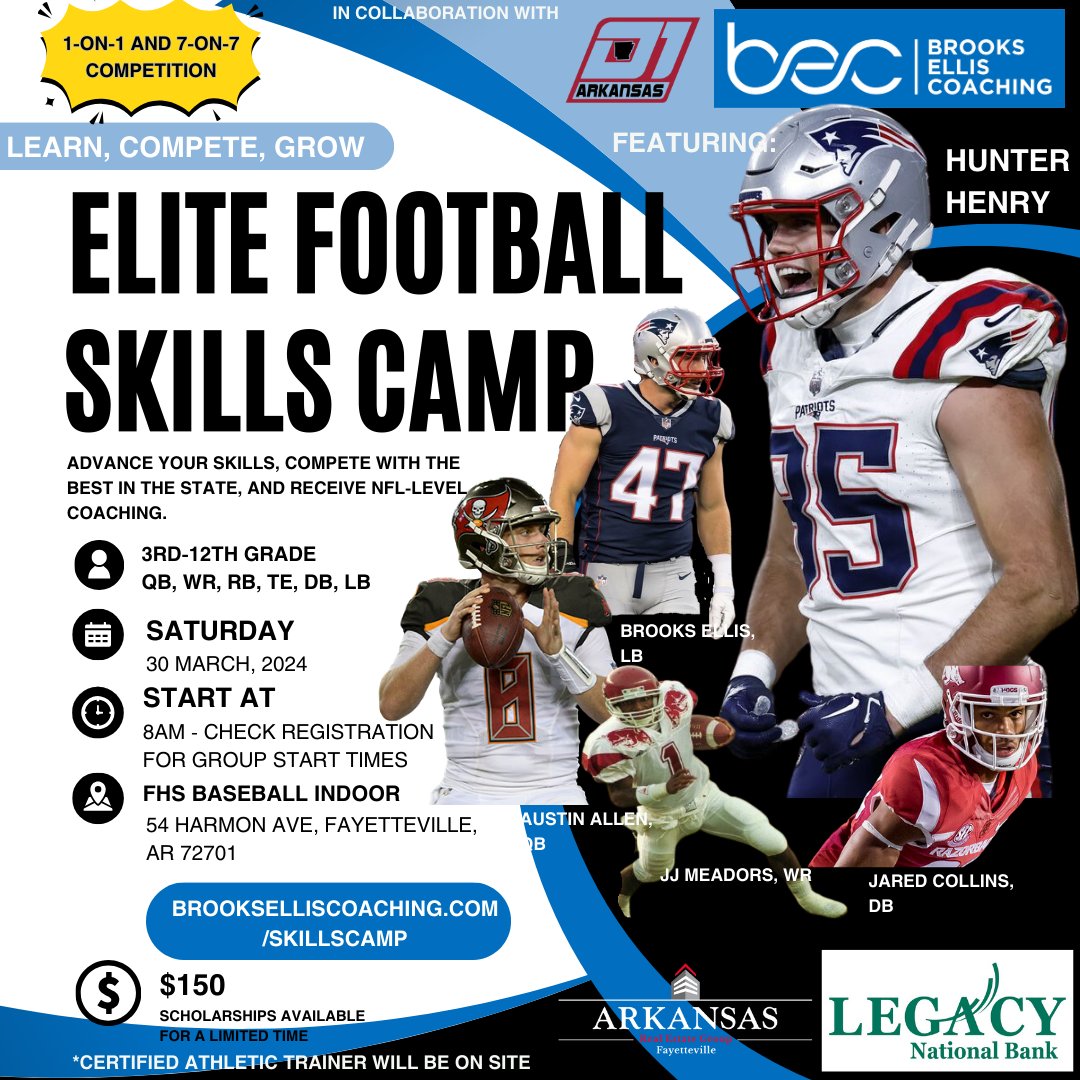 Excited to announce Patriots TE Hunter Henry's guest appearance at our Elite Football Skills Camp! Join us for a special panel & Q&A session at 10am. Learn to excel on the field from an NFL pro. Thanks to our sponsors for supporting scholarship players. Details:…
