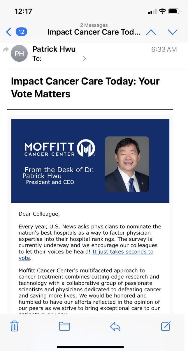 'Impact cancer care today?'😅I get how @USNewsRanks cancer hospital rankings are nice for reputation/revenue, but this @MoffittNews Cancer Center appeal takes it too far. A fifth vote instead for, say, NYU hurts cancer progress? How'd they even get my email?