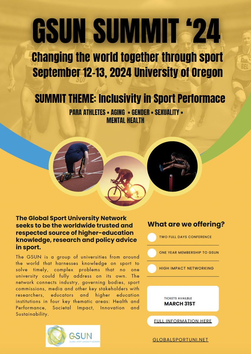 IT'S LIVE 📅

The GSUN Inaugural Summit is HERE

September 12-13, 2024 | University of Oregon, USA

INCLUSIVITY IN SPORT PERFORMANCE

For full information please go to...

globalsportuni.net