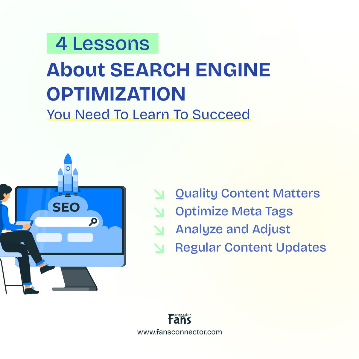Fansconnector's tweet photo. "Unlock success in SEO with these 4 key lessons:
1. Quality Content Matters
2. Optimize Meta Tags
3. Analyze and Adjust
4. Regular Content Updates
Visit https://t.co/Q2ii2xG9fh for expert guidance. #SEO #DigitalMarketing" https://t.co/6eu9V8wYqU