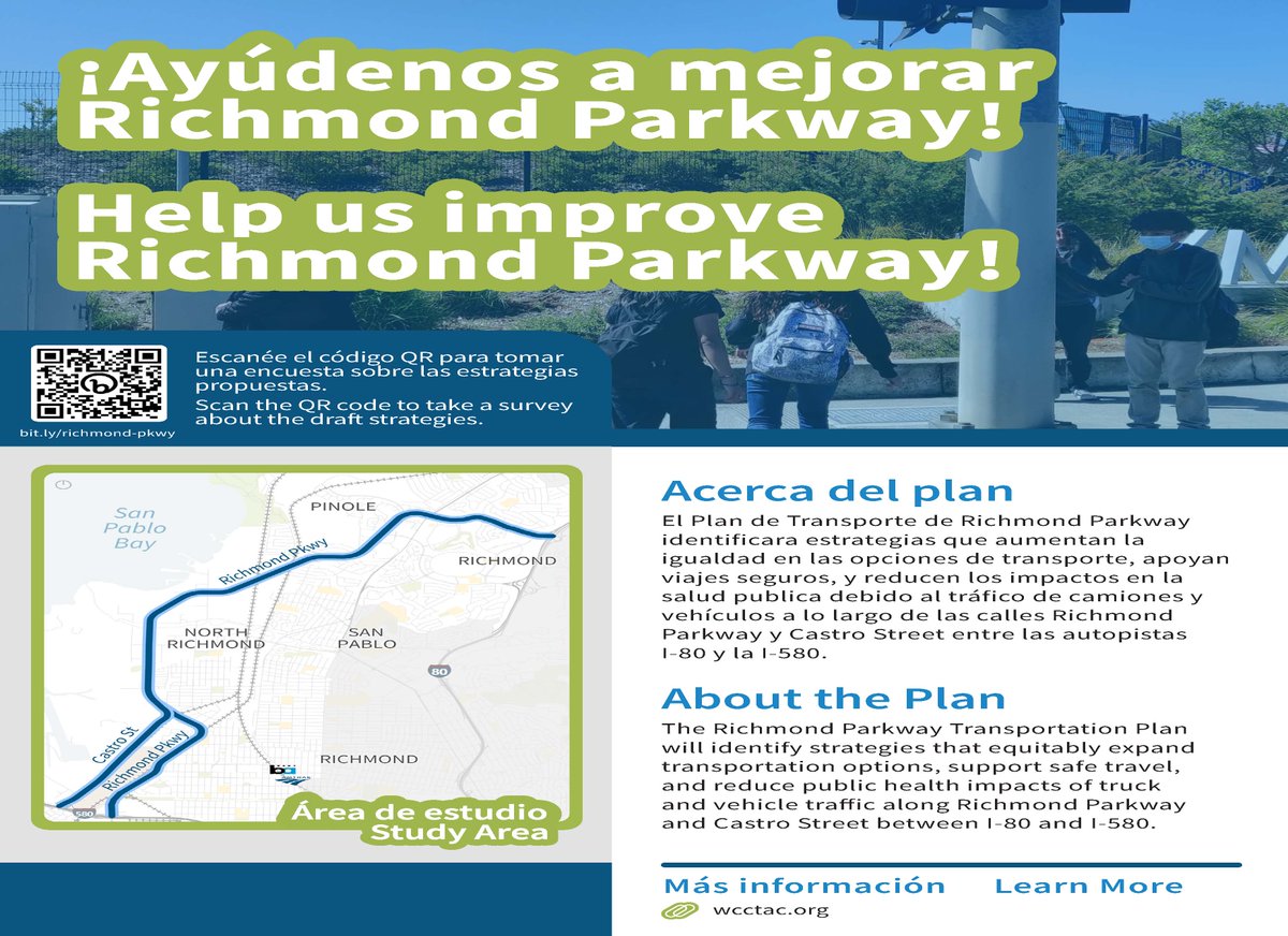 Help shape the future of Richmond Parkway! WCCTAC is looking for community input on the Richmond Parkway Transportation Plan (#RPTP). If you live/work/travel along Richmond Pkwy & Castro St., please fill out the survey until 4/28/24: ow.ly/ztFi50QSROr Thanks for your input!