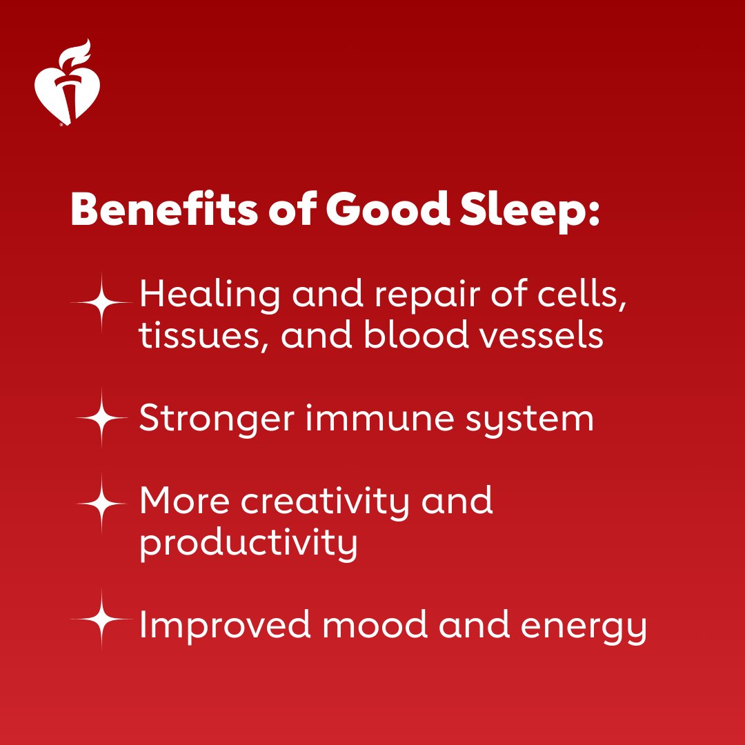 American_Heart's tweet photo. Sleep is as essential as food and water, but 1 in 3 of us don’t get enough. Set a goal of 7-9 hours of sleep every night this #SleepAwarenessMonth for a happier, healthier you. https://t.co/lno2Ir1inO