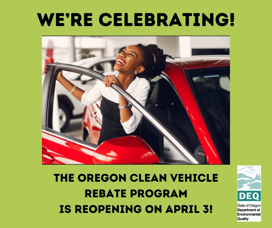 Today, we announced the reopening of the OR Clean Vehicle Rebate Prog. from 4/3 thru 6/3/24.🎉🎉

Based on past participation &amp; limited funds, the program will be closed again as of 6/4/24.

Read the details: ordeq.org/OCVRebateRelau…

Receive email updates: ordeq.org/OCVRPSignUp