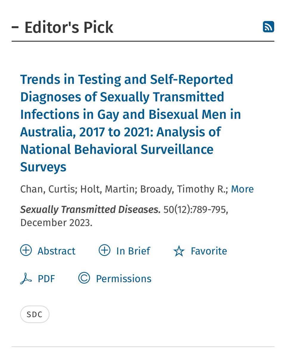Very grateful to be the editor’s pick at @STD_Journal! We found gay/bi men were not testing for STIs as frequently as per clinical guidelines. @martinxholt @trbroady @michael_traeger @AndrewGrulich @garrettprestage @drjsrule