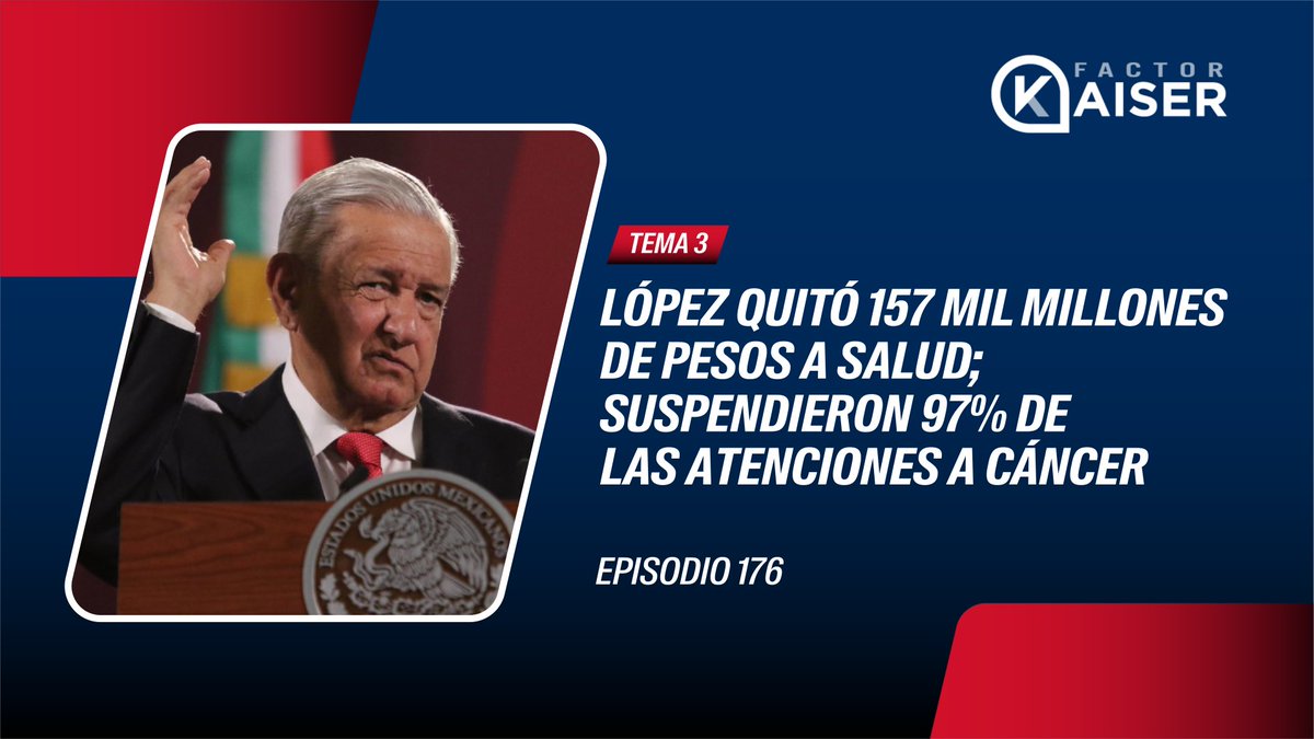 lópez le quitó 157 mil millones de pesos a salud y por eso se suspendieron 97% de las atenciones a cáncer de los más pobres de México ¿Se acuerdan cuando el presidente decía que era un compló? Tema 3 de 3 en el Episodio 176 de @factor_kaiser ENTRA AQUÍ👇🏼 youtu.be/lwF-MTooce0?si…